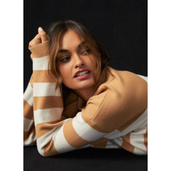 Anthropologie Maeve Carys Mock Neck Stripe Pullover Sweater L Neutral Minimalist - Picture 2 of 13